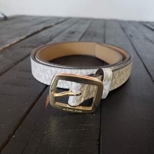 Michael Kors Women's Belt Medium Gold Buckle Cream Grey MK Logo Accessory
